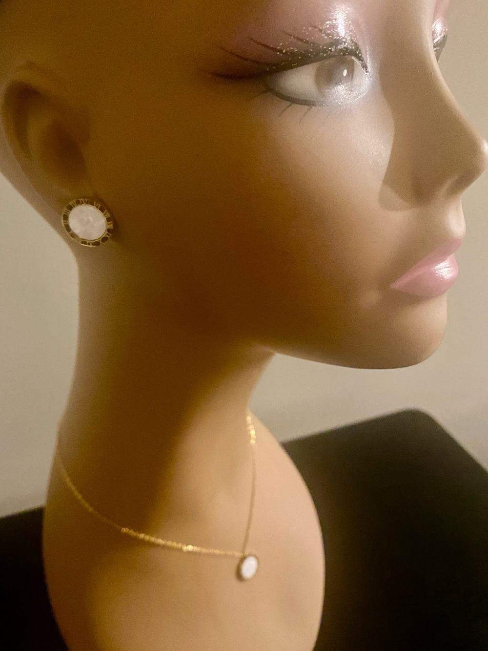 Gold Tone White Stone Stud Earrings & Necklace Set with Engraved Roman Numerals